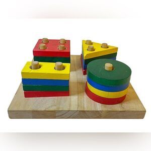 Plan Toys - Vintage 1999 Wooden Stacking Blocks Peg Learning Toy - COMPLETE Set